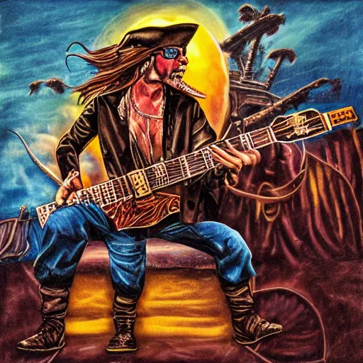 Prompt: rock album cover of a pirate playing an electric guitar onboard his ship