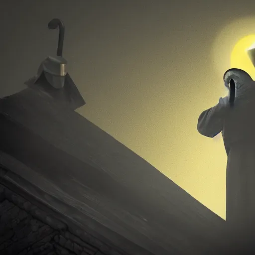 Image similar to Close-up of a terrified catholic priest in his thirties on the roof of a medieval tower watching in fear as an ominous yellow shadow descends upon him from the night sky. He is fervently praying but his eyes are wide open with fear. Low angle angle, dramatic lighting. Award-winning digital art, trending on ArtStation