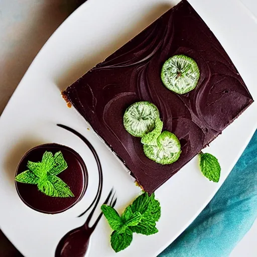 Image similar to “Food photography of “chocolate mint mousse cake” with garnishes, 85mm f1.2, extremely detailed”