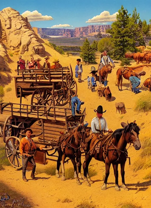 Image similar to old west wagon trail, oregon trail. portrait by jean giraud and anton otto fischer and john philip falter and will eisner and gil elvgren