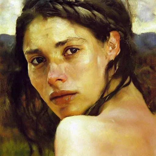 Prompt: a stunning masterful portrait of a confident brazilian woman with braided hair and tears in eyes by andrew wyeth, john singer sargent, and norman rockwell, natural light, oil painting, ethereal, wong kar wai, strong brushwork