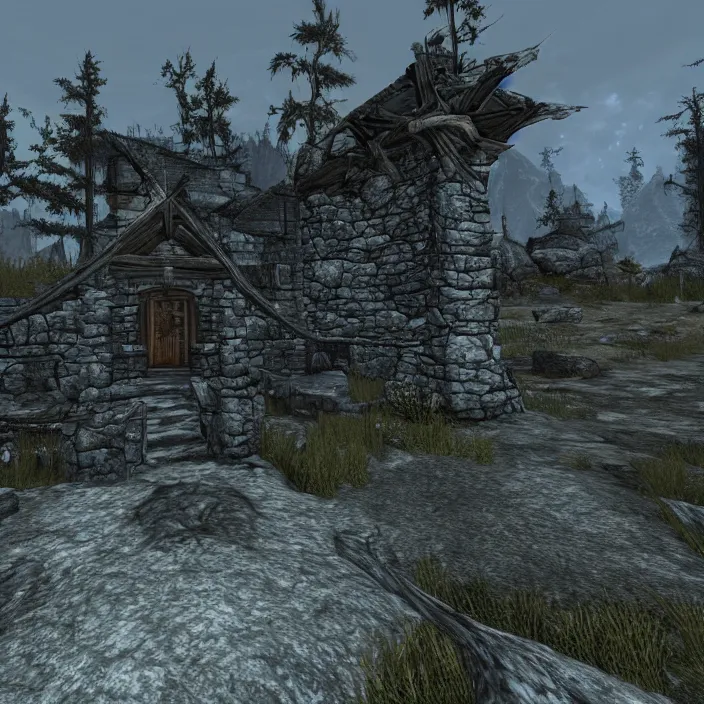 Image similar to a building in a serene landscape, skyrim