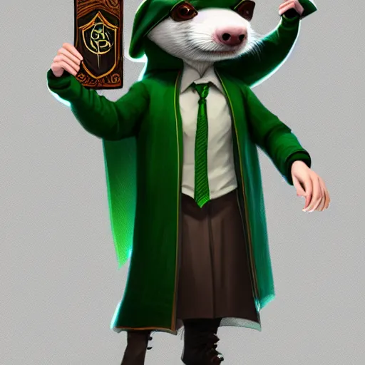 Image similar to a anthropomorphic ferret is dressed as a hogwarts student in slytherin robes, hyperdetailed, artstation, cgsociety, 8 k