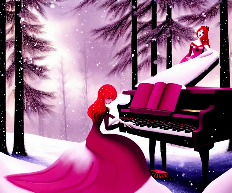 Image similar to a painting of a beautiful face gothic girl, pink hair in a stunning red dress playing a piano in the dark snowy forestby randolph stanley hewton, cg society contest winner, matte painting