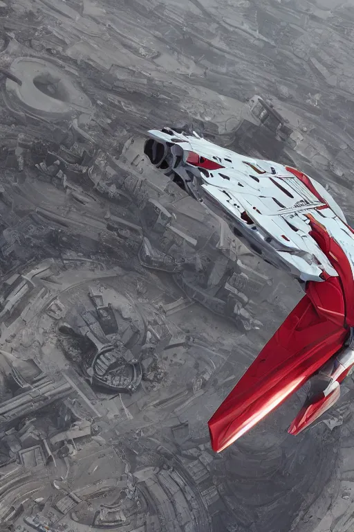 Image similar to professional photograph of a beautiful neo - futuristic simplified symmetrical space fighter docked on a desert plateau by ilm, denis villeneuve, emmanuel shiu, zaha hadid, vapor, cinematic architectural scale, red paint detail, manga, dramatic, volumetric, concept art, hard surface, hyperrealism, high detail, trending on artstation, sharp focus, rendered in octane