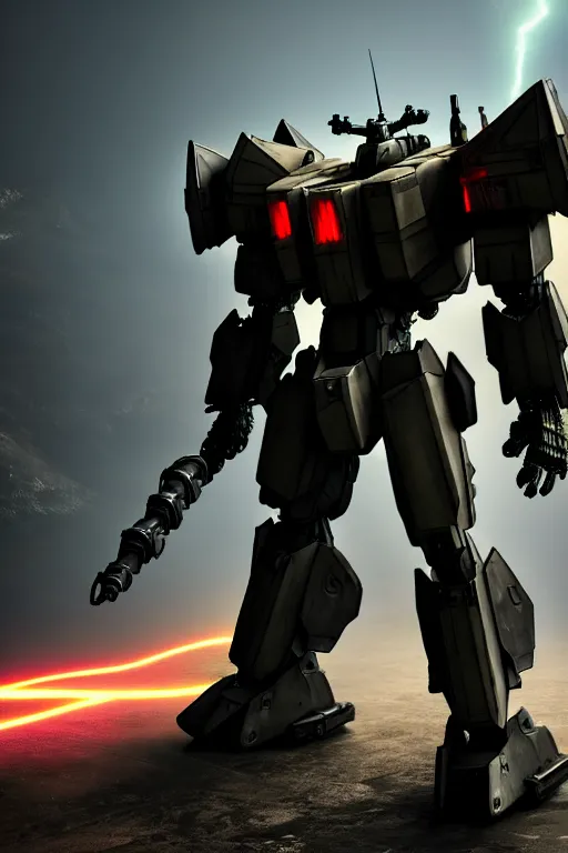 Prompt: hyper detailed 8 k cinematic still, rendering with volumetric lightning and ray tracing, show case of full body aggressive armored core, weathering armor plating, decipticon armor plating, aggressive head, endoekeleton exposure