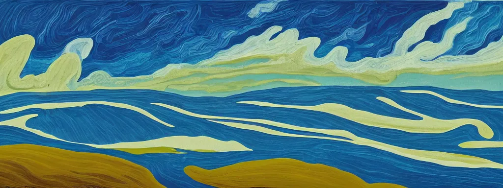 Image similar to Psychedelic sci-fi dreamworld. Landscape painting. Organic. Winding rushing water. Waves. Clouds. Landscape by Alex Katz.