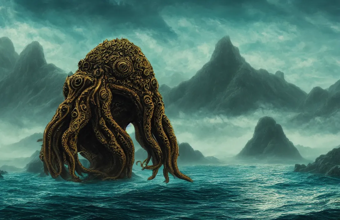 Image similar to huge gigantic cthulhu over a dark blue turquoise ocean, ultrawide shot, hyperreal phantastic misty landscape, in the style of dylan cole, mountains in background, intricate details in environment, luminance, golden ratio, high aestehtic, cinematic light, godrays, distance, clear atmosphere, photobash, wideangle, albert bierstadt, hyperreal 4 k