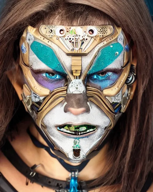 Prompt: a beautiful cyborg made of disney ceremonial maske