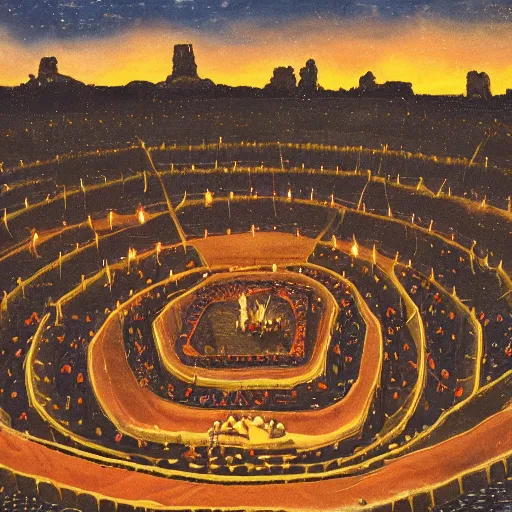 Prompt: the arena of the ancient circus , shining with thousands of candles