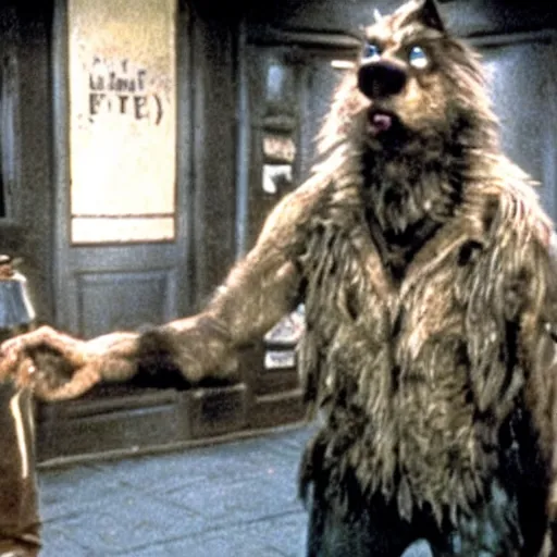 Image similar to film still of a funny looking werewolf extending out his hand, asking for food, in an american werewolf in london