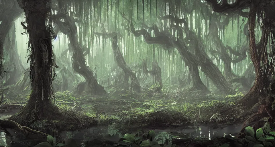 Image similar to A dense and dark enchanted forest with a swamp, by Disney Concept Artists