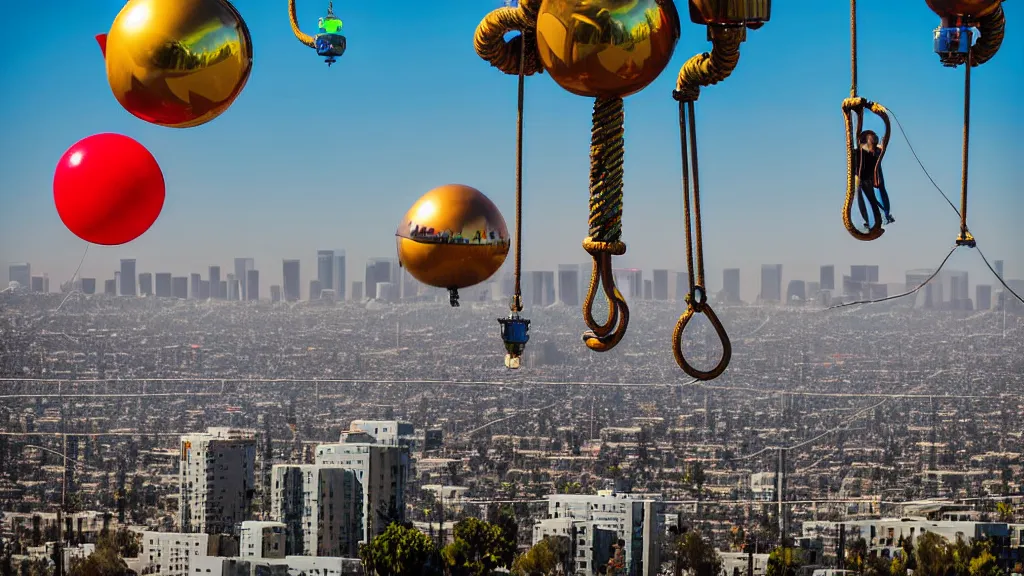 Image similar to large colorful futuristic space age metallic steampunk balloons with pipework and electrical wiring around the outside, and people on rope swings underneath, flying high over the beautiful los angeles city landscape, professional photography, 8 0 mm telephoto lens, realistic, detailed, photorealistic, photojournalism