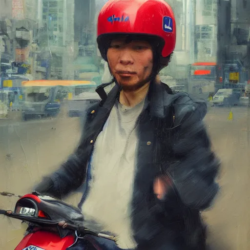 Image similar to portrait of the chilean redhead vespa fan in hong kong, oil on canvas by ruan jia and yoshitaka amano