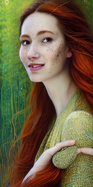 Prompt: young woman, serene smile, surrounded by golden firefly lights amidst nature, full covering intricate detailed dress, long red hair, precise linework, accurate green eyes, small nose with freckles, beautiful smooth oval shape face, empathic, expressive emotions, dramatic lights, hyper realistic ultrafine art by artemisia gentileschi, jessica rossier, boris vallejo