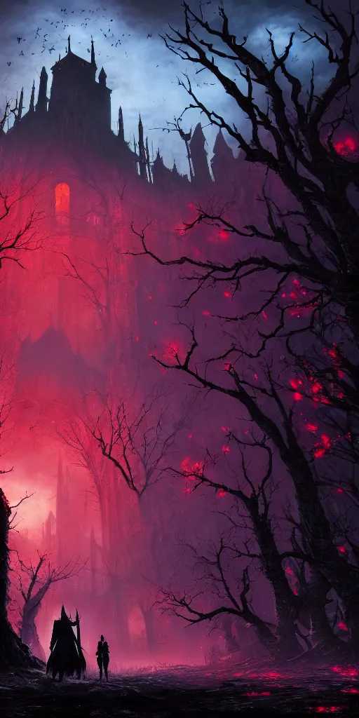 Image similar to abandoned bloodborne old valley with a obscure person at the centre and a ruined gothic city in the background, trees and stars in the background, falling red petals, epic red - orange moonlight, perfect lightning, wallpaper illustration by niko delort and kentaro miura, 4 k, ultra realistic