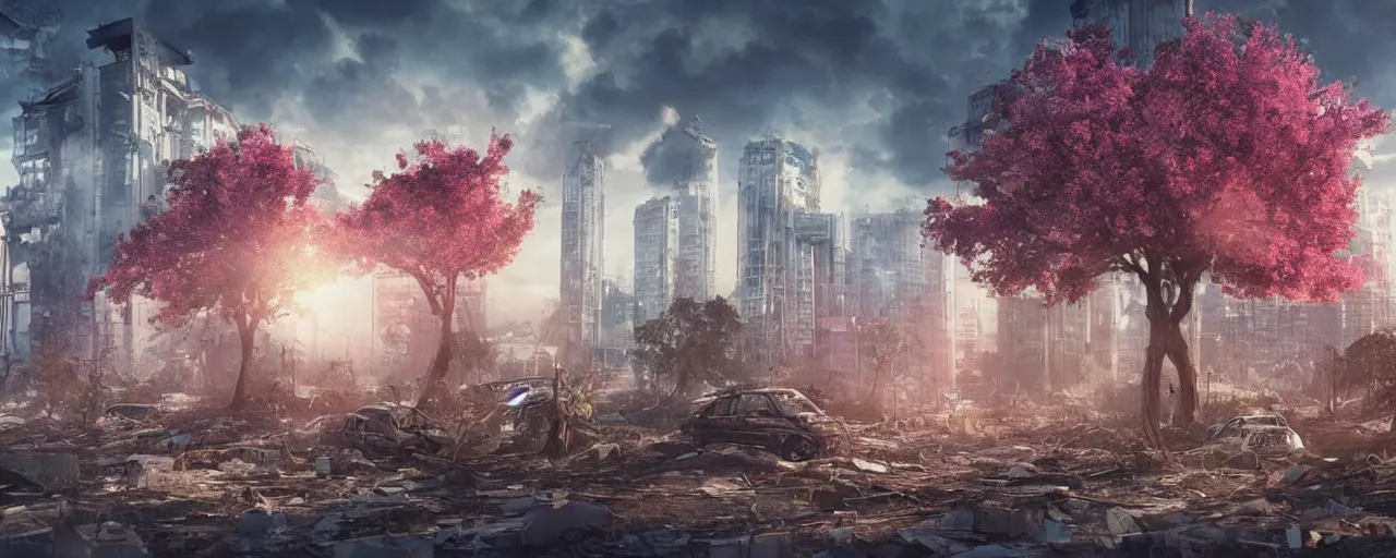 Image similar to A post-apocalyptic city swept by disaster, tall destroyed buildings with plants, an enormous cherry tree blossoming in the middle, biopunk, realistic, digital art, lens flare,