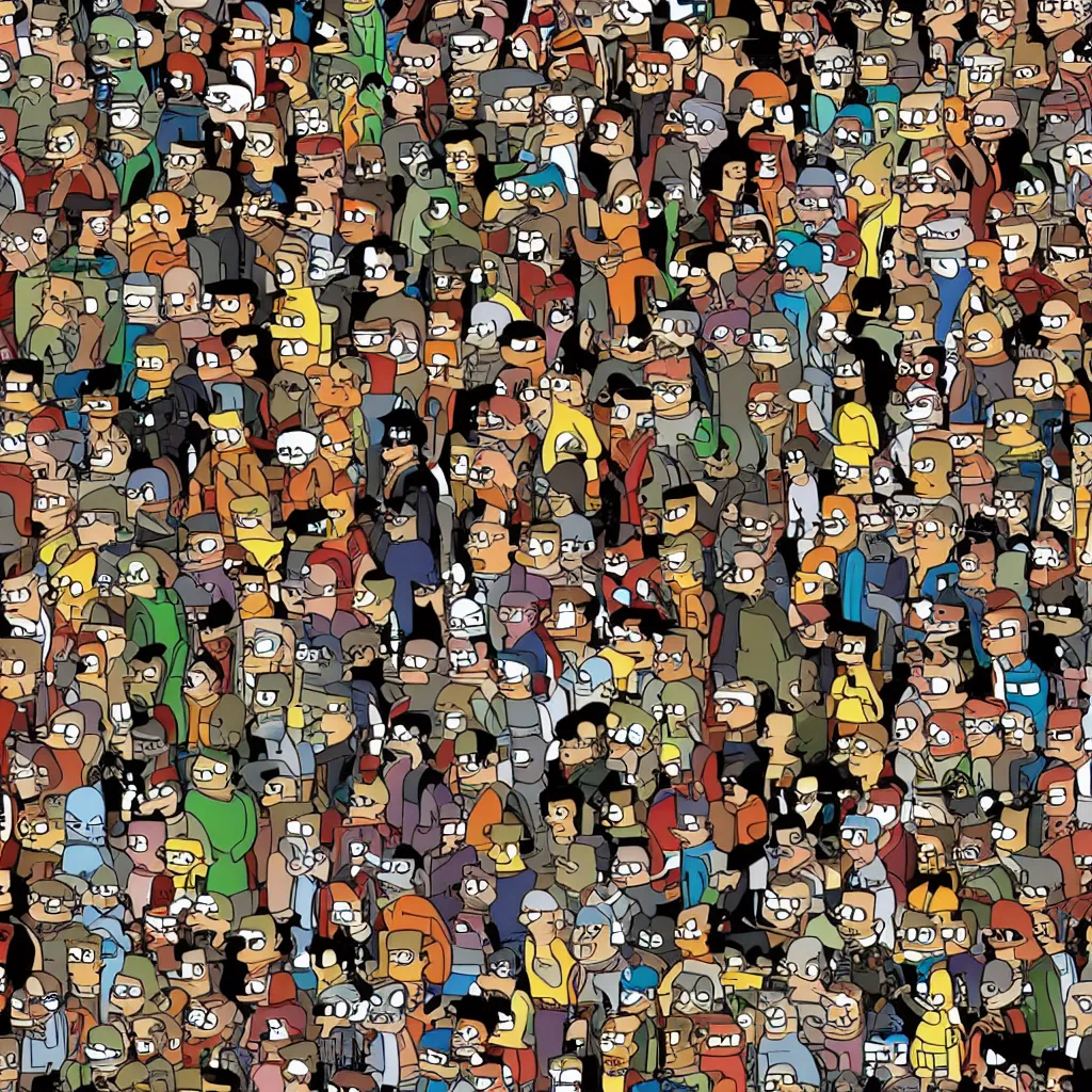 Image similar to where's waldo in the futurama, bender.