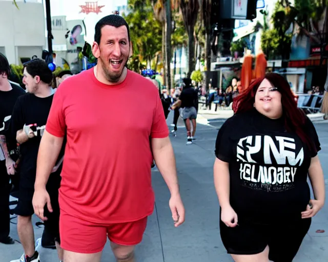 Image similar to fat gamer adam sandler wearing gamer shorts and a goth gf walking in hollywood. espn coverage