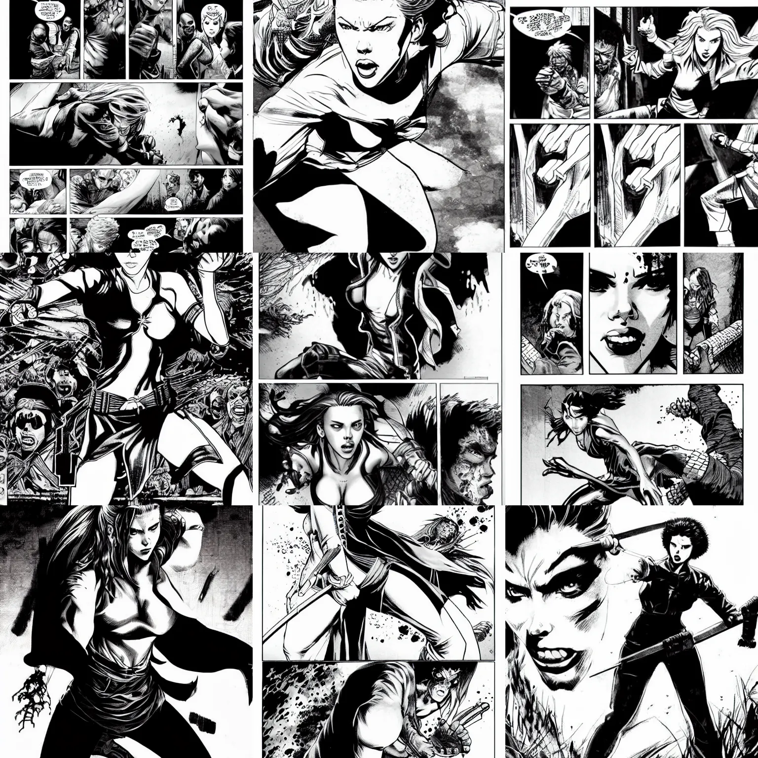 Prompt: scarlett johansson, symmetrical, kung - fu master fights zombie, scene by david finch, black and white, afro samurai manga style