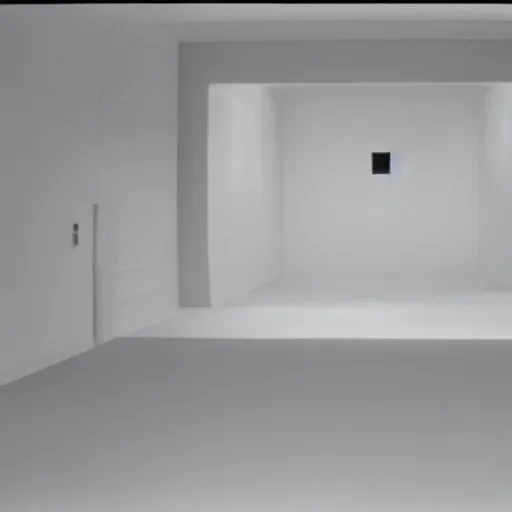 Image similar to a large cubic white room with no objects, no windows, no doors, 3 d perspective, still from movie by stanley kubrick