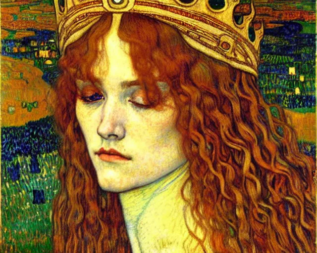 Image similar to detailed realistic beautiful young medieval queen face portrait by jean delville, gustav klimt and vincent van gogh, art nouveau, symbolist, visionary, gothic, pre - raphaelite, muted earthy colors, desaturated