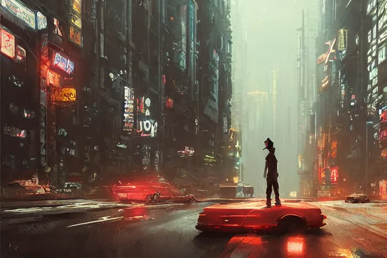 Prompt: beautiful matte painting of boy looking from his room on traffic jam on the streets of cyberpunk new york by greg rutkowski