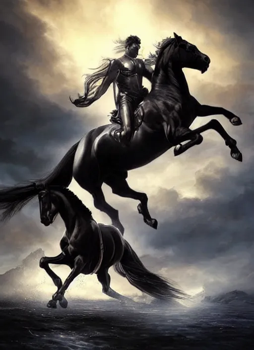 Image similar to the first horseman of the apocalypse riding a strong big black stallion, horse is running, the rider is carrying the scales of justice, beautiful artwork by artgerm and rutkowski, breathtaking, beautifully lit, dramatic, full view