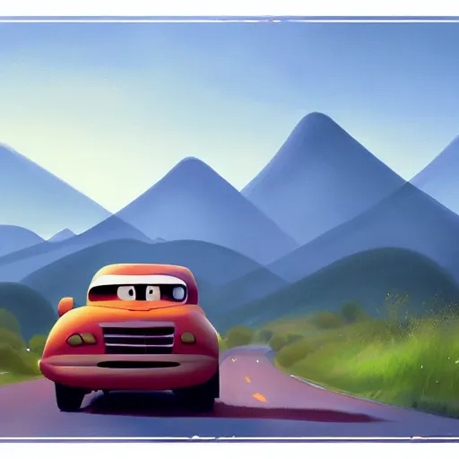 Image similar to goro fujita ilustration car on the highway, in the distance you can see the mountains, painting by goro fujita, sharp focus, highly detailed, artstation