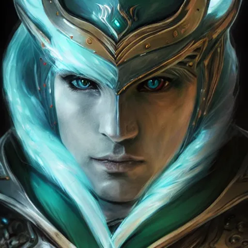 Image similar to handsome male snow elf in a turquoise cape and silver ornate armour, albino skin, ultra detailed fantasy, elden ring, realistic, dnd character portrait, full body, dnd, rpg, lotr game design fanart by concept art, behance hd, artstation, deviantart, global illumination radiating a glowing aura