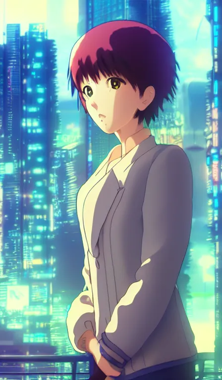 Prompt: anime fine details portrait of Marin in front of cyberpunk moder city landscape on the background deep bokeh, close-up view, anime masterpiece by Studio Ghibli. 8k, sharp high quality anime, artstation