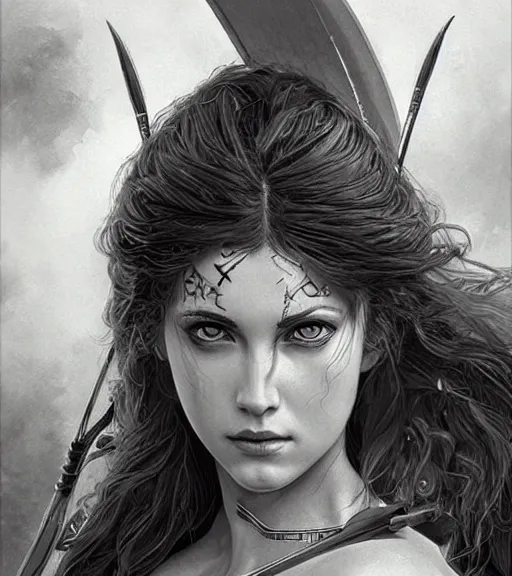 Image similar to beautiful young aphrodite goddess as an archer warrior, realistic face, beautiful eyes, black and white drawing, in the style of greg rutkowski, fantasy, amazing detail, epic, intricate, elegant, smooth, sharp focus