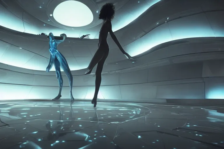 Image similar to vfx movie scene closeup of beautiful blue skin alien woman dancing in sleek futuristic decadent spaceship pillars, futuristic ballroom. giant windows view of earth obit. by emmanuel lubezki