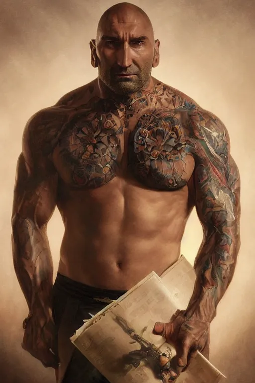 Image similar to dave bautista as frank reynolds, masterpiece, intricate, elegant, highly detailed, digital painting, artstation, concept art, smooth, sharp focus, illustration, art by artgerm and greg rutkowski and alphonse mucha and uang guangjian and gil elvgren and sachin teng, symmetry!!