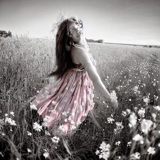 Prompt: pinhole lens photograph of a beautiful female teen with long brown hair wearing a floral sleeveless strappy sundress and holding a suitcase while running through a field of grass and flowers at dusk, hyper realistic, insanely detailed, hdr, tintype, deckle edge, motion blur, long exposure, by francesca woodman