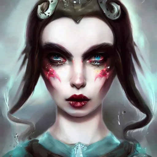 Image similar to whimsical beautiful angry girl, portrait, ice magic, dark hair and makeup, waist high, fantasy clothing, cgsociety, trending on artstation, dnd