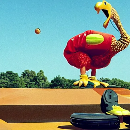Image similar to a dodo wearing a gold chain around its neck and baseball cap, on a hovering hoverboard at a skate park near the beach, 1990s cartoon