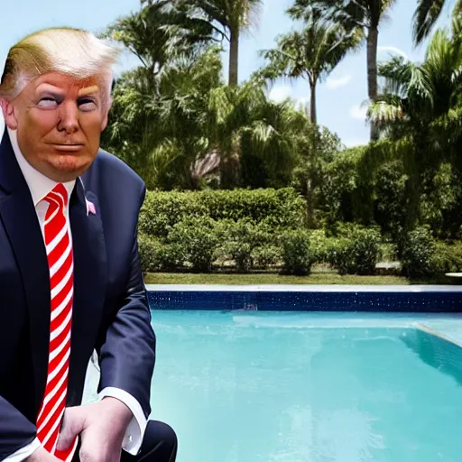 Prompt: Donald trump posing by the pool, photograph