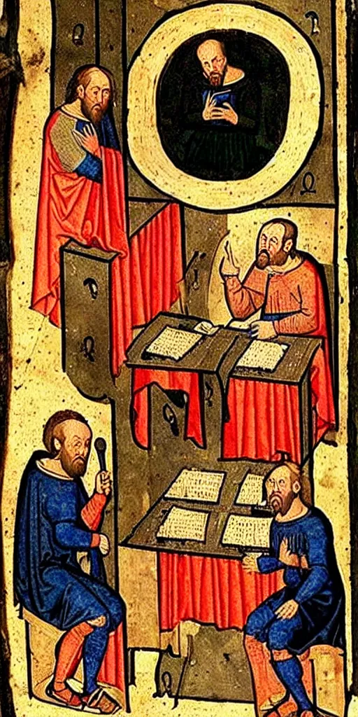 Prompt: a medieval painting of joe rogan podcasting, hosting Charle Magne as a podcast guess