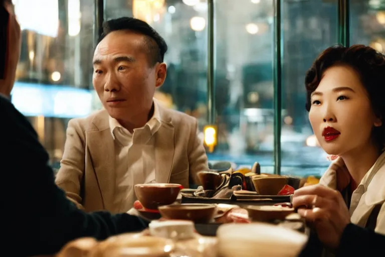 Prompt: movie interior closeup beautiful Chinese couple closeup sitting and talking at 50s diner, night in the city, beautiful skin, by Emmanuel Lubezki