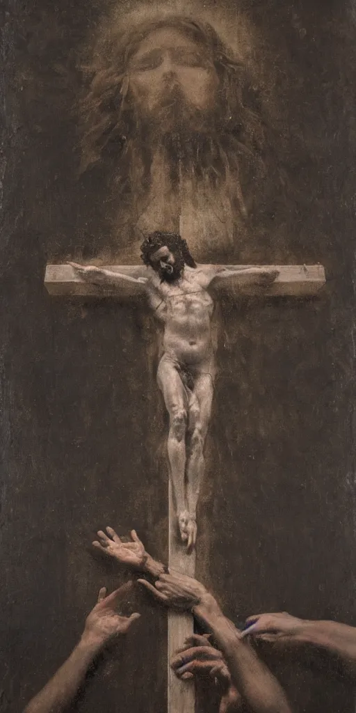 Prompt: jesus christ on the cross, by nicola samori, painting, 8 k, high detail