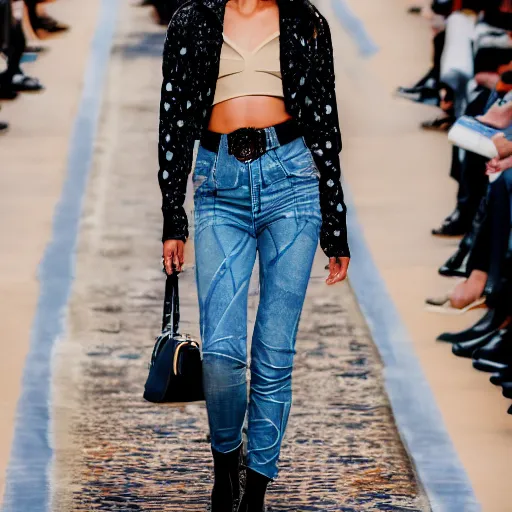 Prompt: fashion photo of a female model walking the runway wearing low-rise denim pants, a rhinestone belt, black boots and a tight crop top with a pattern, sunglasses and a bag