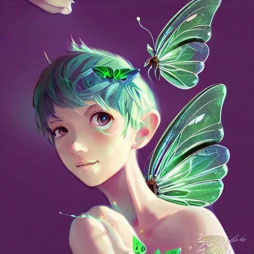 Prompt: pixie fairy character with green butterfly insect wings, elegant, highly detailed, digital painting, artstation, concept art, sharp focus, illustration, strong brush stroke, anime, sharp focus, ghibli studio, art by ilya kuvshinov, rossdraws