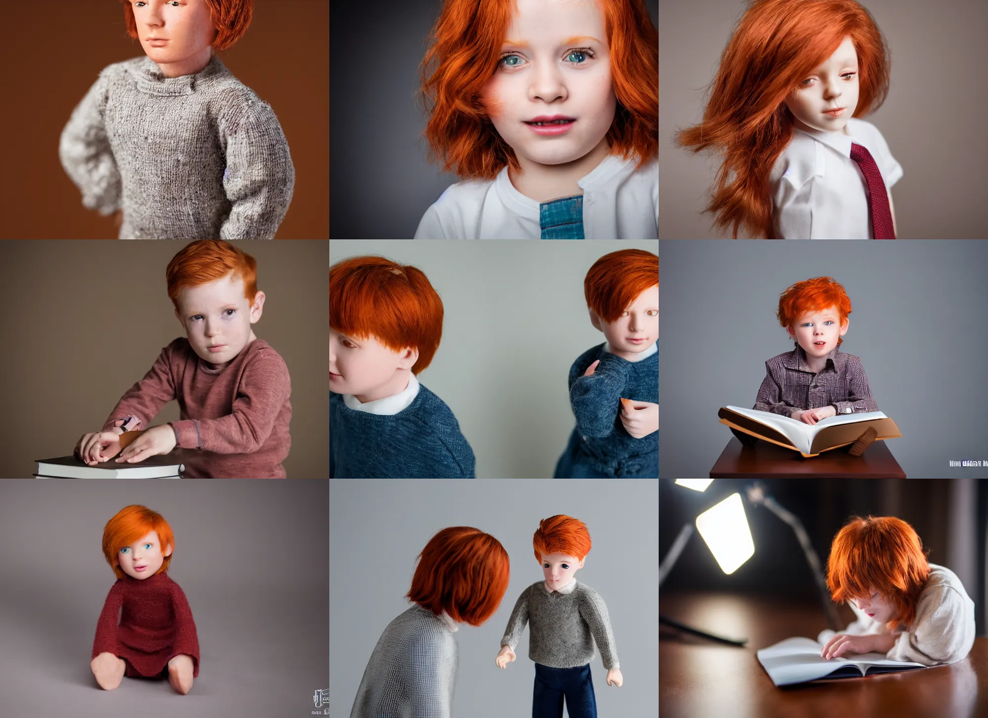 Prompt: photo still of miniature redhead man on closed book 8 k, studio lighting bright ambient lighting key light, 8 5 mm f 1. 8