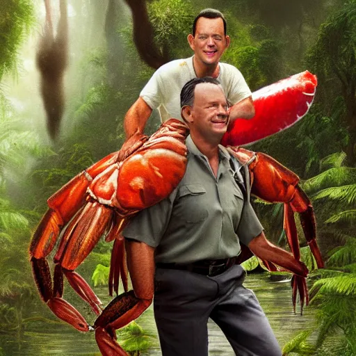 Prompt: Tom Hanks as forrest gump riding a giant shrimp in the jungle, realistic digital painting, photoreailstic, realistic face, amazing detail, sharp