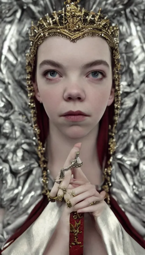 Image similar to dressed anya taylor - joy as goddess of the communism, symmetrical, cinematic, elegant, luxury, chrome, real photography, 4 k, ultra hd, sense of awe