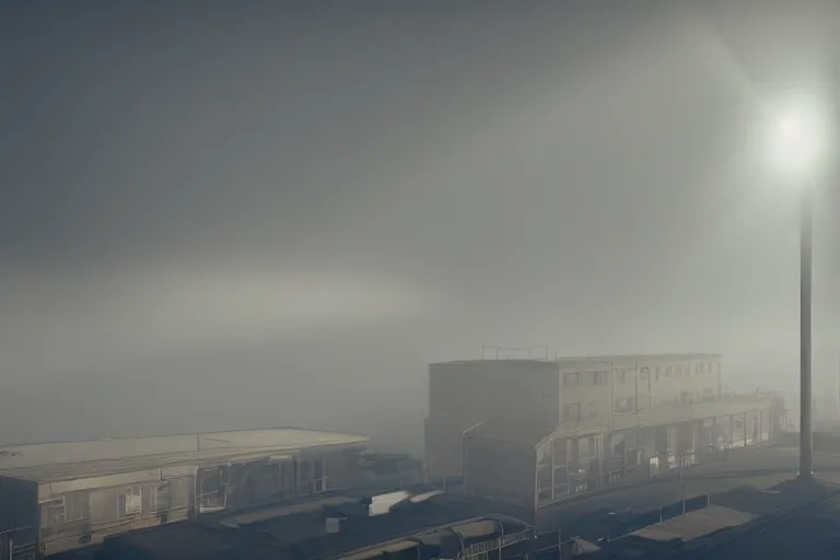 Prompt: a factory in fog, sun beams breaks through smoking pipes, a small red light is flashing in the bottom right corner, 4k, ultra details, cinematic, epic style, beautiful photo, hyper realistic, octane render, unreal engine, award winning, on artstation, volumetric lightning, masterpiece, golden hour,