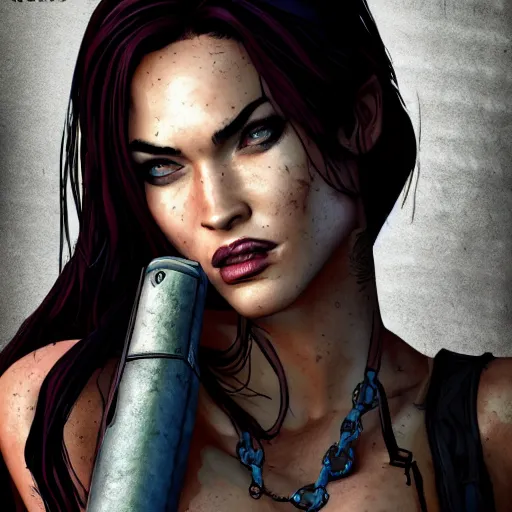 Image similar to megan fox portrait, borderlands, tales from the borderlands, the wolf among us, comic, cinematic lighting, studio quality, 8 k