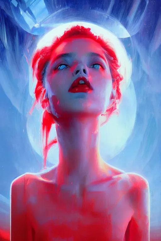 Prompt: 3 d, sci - fi, morning, sleepy fashion model face, sun, cinematic, lightning clouds, vogue cover style, stanley kubrick, light red and deep blue mood, realistic painting, intricate oil painting, high detail, figurative art, multiple exposure, poster art, 3 d, by tooth wu and wlop and beeple and greg rutkowski