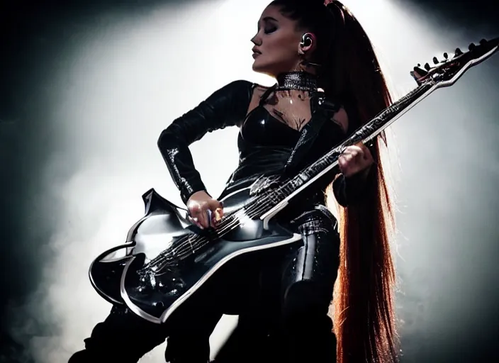 Image similar to ariana grande as a heavy metal guitarist in a band with heavy makeup, shredding on a guitar, live in concert, award winning photo, 8 k, moody lighting